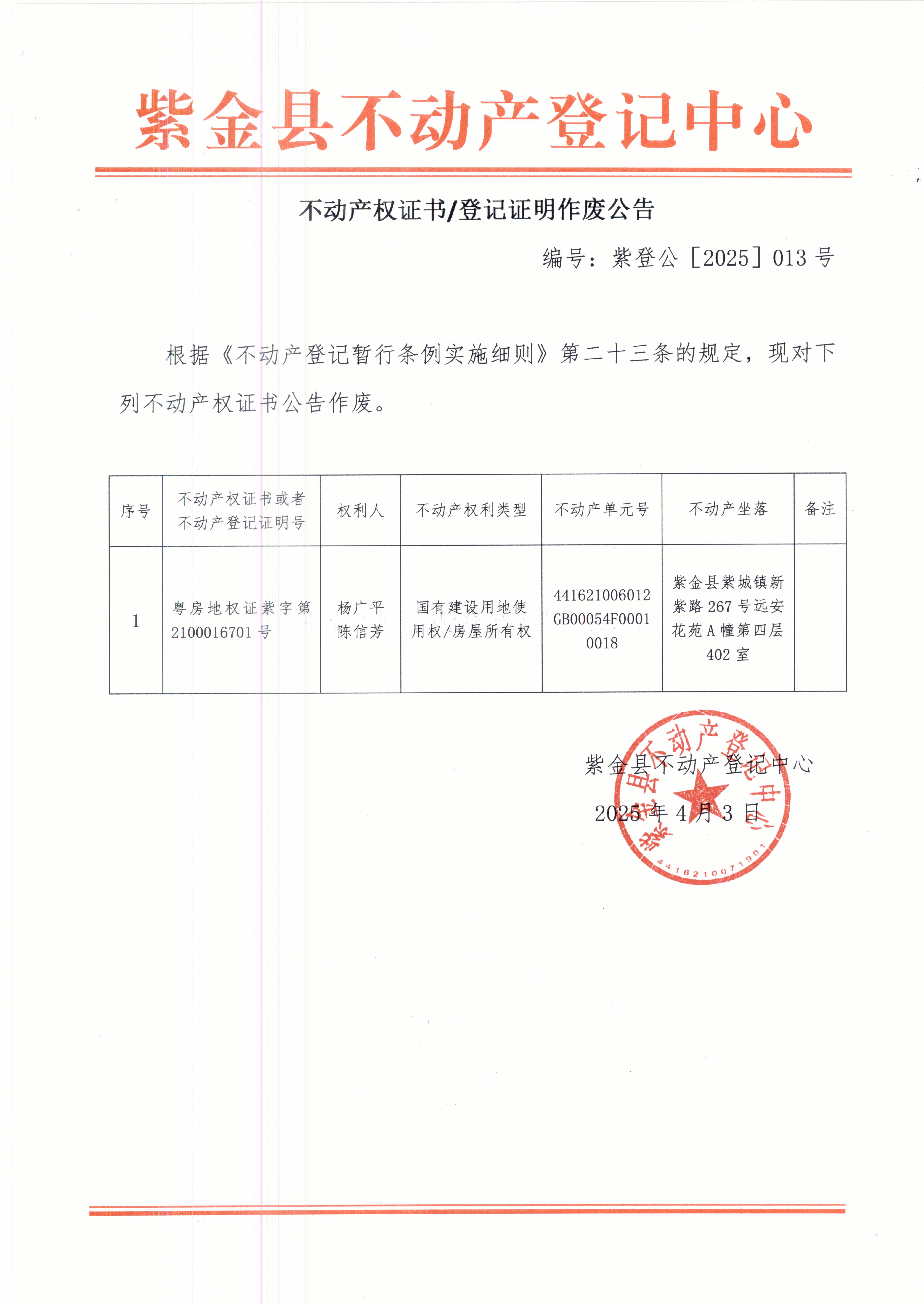 不动产权证书作废声明杨广平、陈信芳.JPG